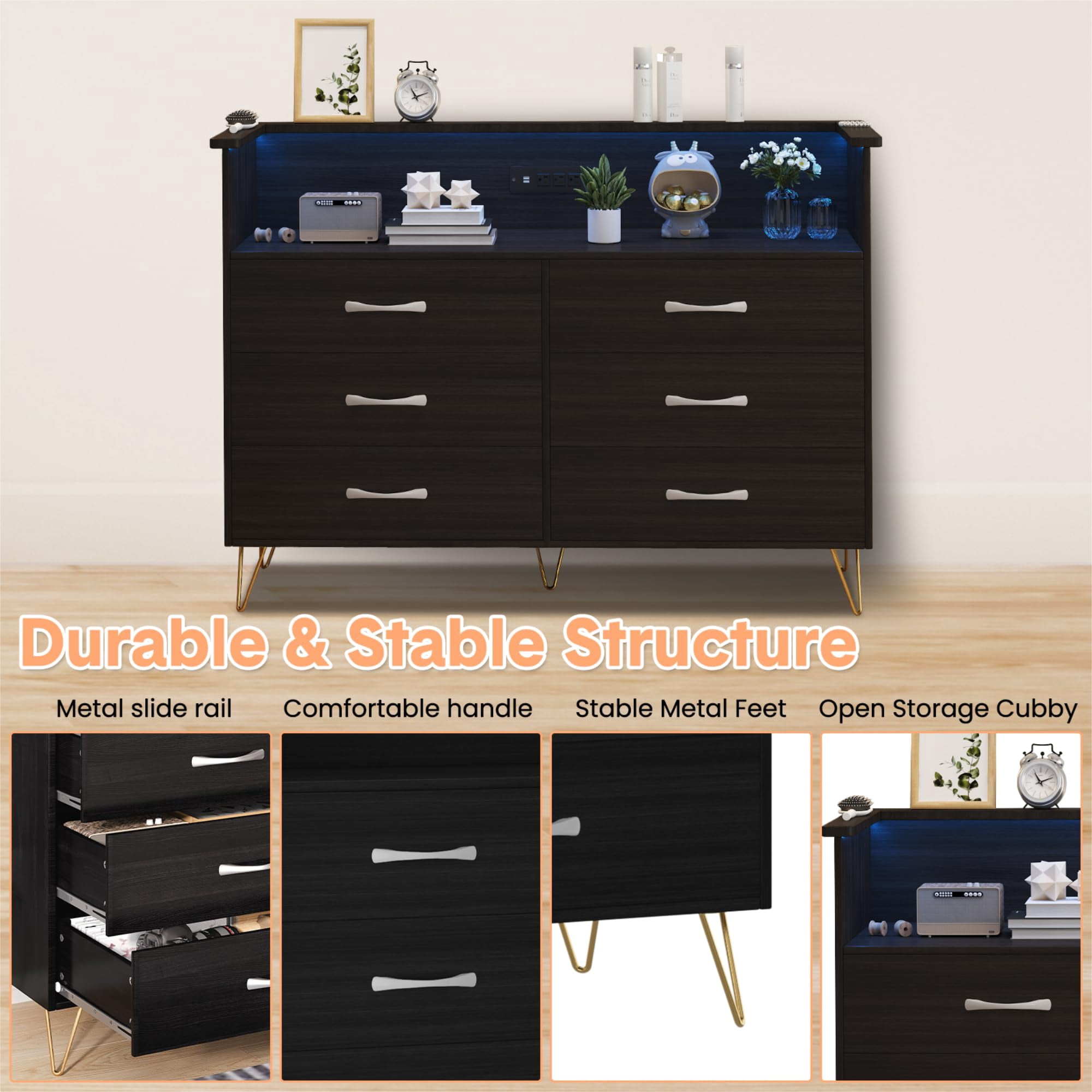 6 Drawer Black Dresser with LED Lights and Charging Station,Modern Wood Dressers for Bedroom & Living Room