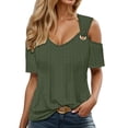 thumbnail image 2 of Cold Shoulder Shirt For Women Loose Solid Short Sleeve Tunic Tops Breathable Summer Fashion Casual Blouses Army Green XXXL, 2 of 5
