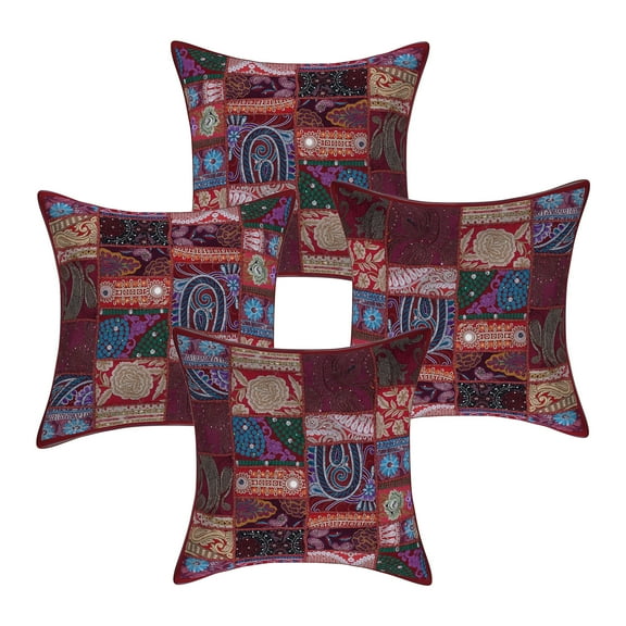 Stylo Culture Indian Cotton Living Room Throw Pillow Sham Covers Maroon 20x20 Bohemian Vintage Patchwork Indian Couch Cushion Covers 50 x 50 cm Decorative Abstract Square Pillowcases | Set Of 4