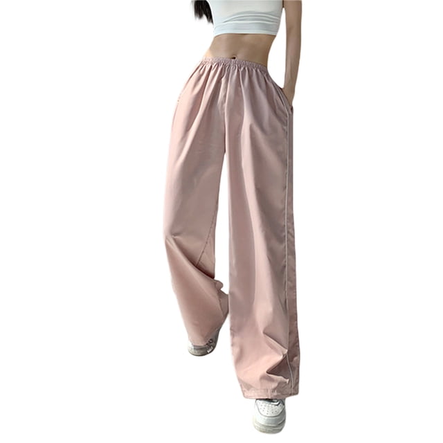FortuneWomen Cargo Pants Solid Color Elastic Waist Wide Leg Joggers Trousers