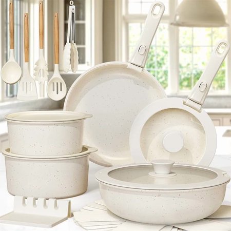 21 Piece Pots and Pans Set Non-Stick, Ceramic Cookware Set with Sensor Handles, Milky white