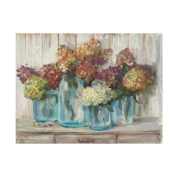 Trademark Fine Art 'Hydrangeas in Glass Jars White Wood' Canvas Art by Carol Rowan