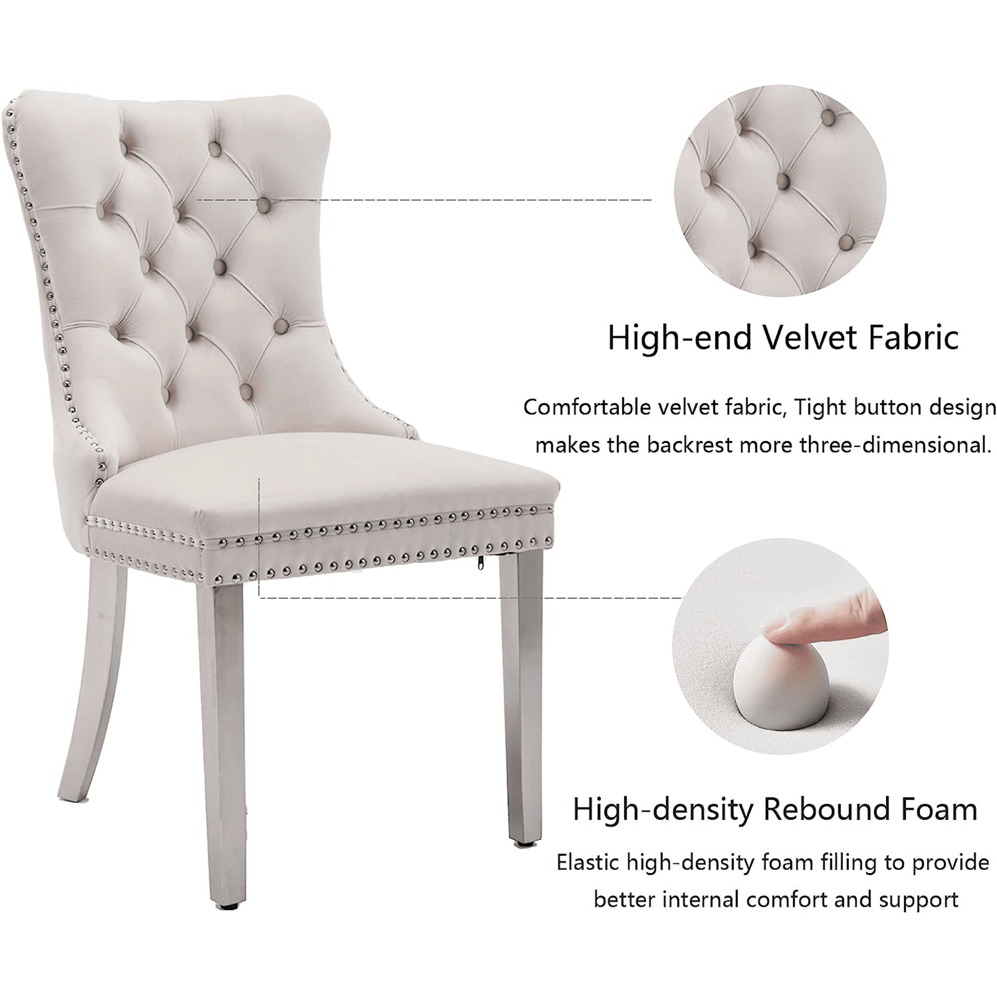 LegaHome Dining Chairs Set of 2, Modern Upholstered Velvet Dining Room Chairs with Nailhead Trim and Chrome Stainless Steel Plating Solid Wood Legs, Tufted Button Padded Chairs Set for Kitchen, Beige