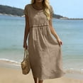 thumbnail image 3 of YuXingFu Womens 100% Cotton Dresses Maxi Crew Neck Plus Size Womens Dress Short Sleeve Solid Color Long Casual Summer Khaki XL, 3 of 9