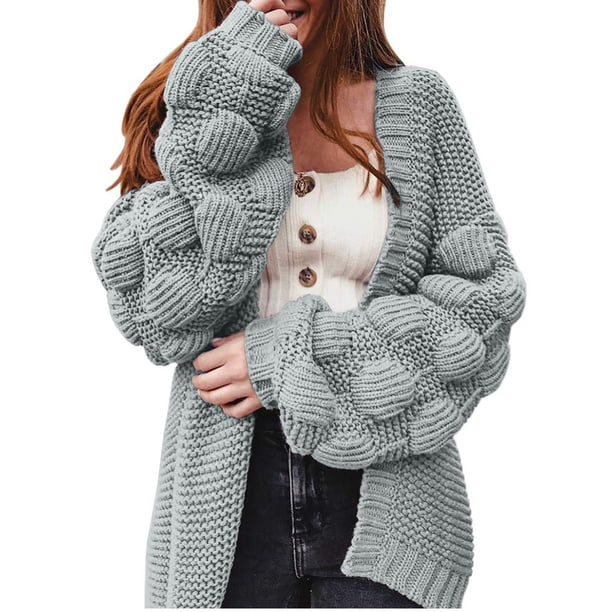 Gibobby Cárdigan de manga larga Chaqueta de punto con botones y parte delantera abierta para mujer de manga larga con bolsillos(Gris,XG)