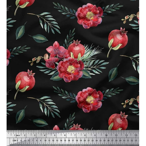 Soimoi Black Cotton Duck Fabric Leaves,Pomegranate & Floral Decor Fabric Printed BTY 42 Inch Wide
