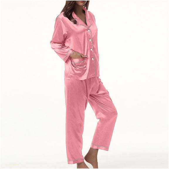 Wycnly Womens Silky Satin Pajamas Set Casual 2 Piece Homewear Outfits Button Down Long Sleeve Pocket Shirts and Pant Sleepwear Lounge Sets