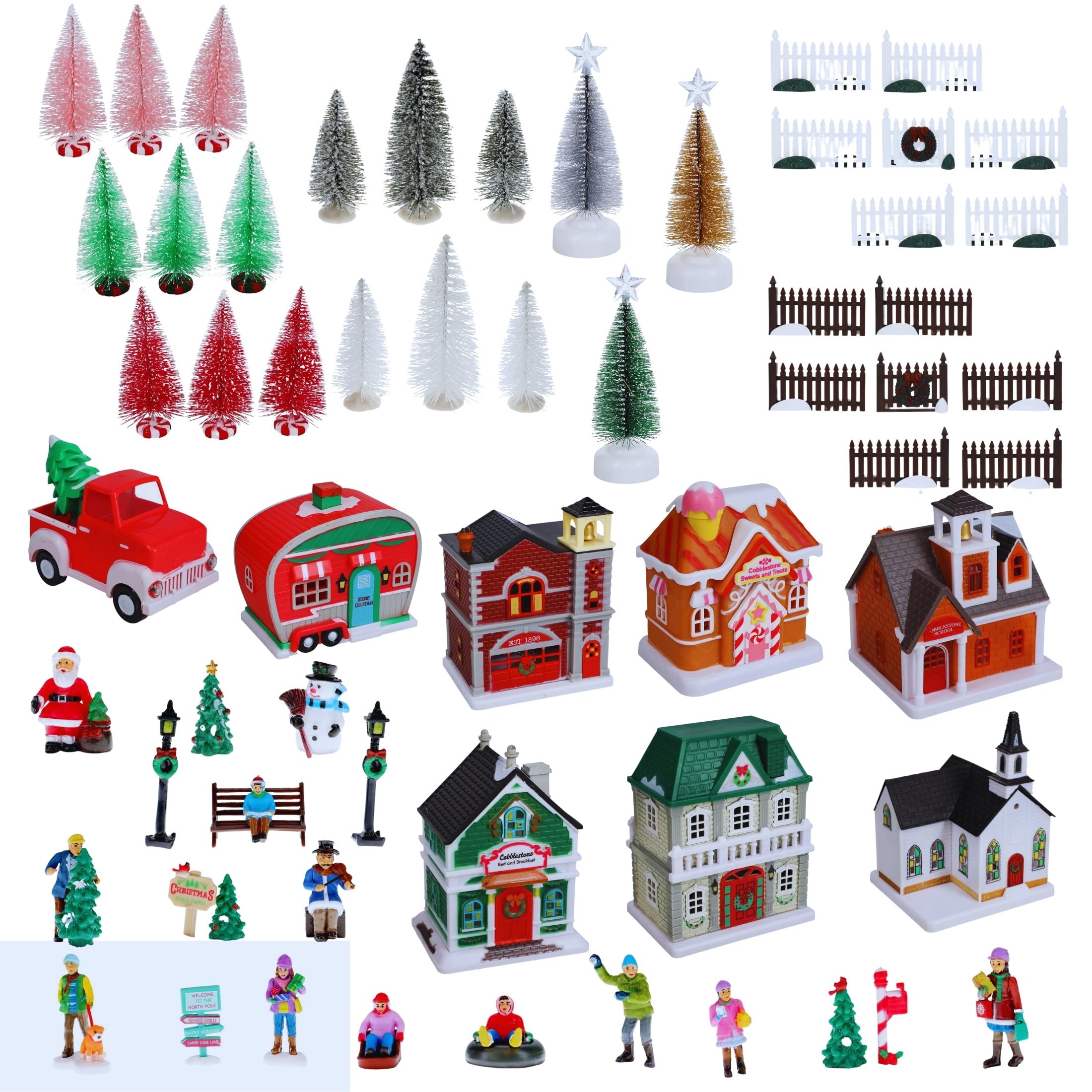 Cobblestone Corners 2022 Christmas Village - 62-Piece Collection Set -  Plastic LED Light-Up Buildings Polyresin Figurines Holiday Craft Ornaments