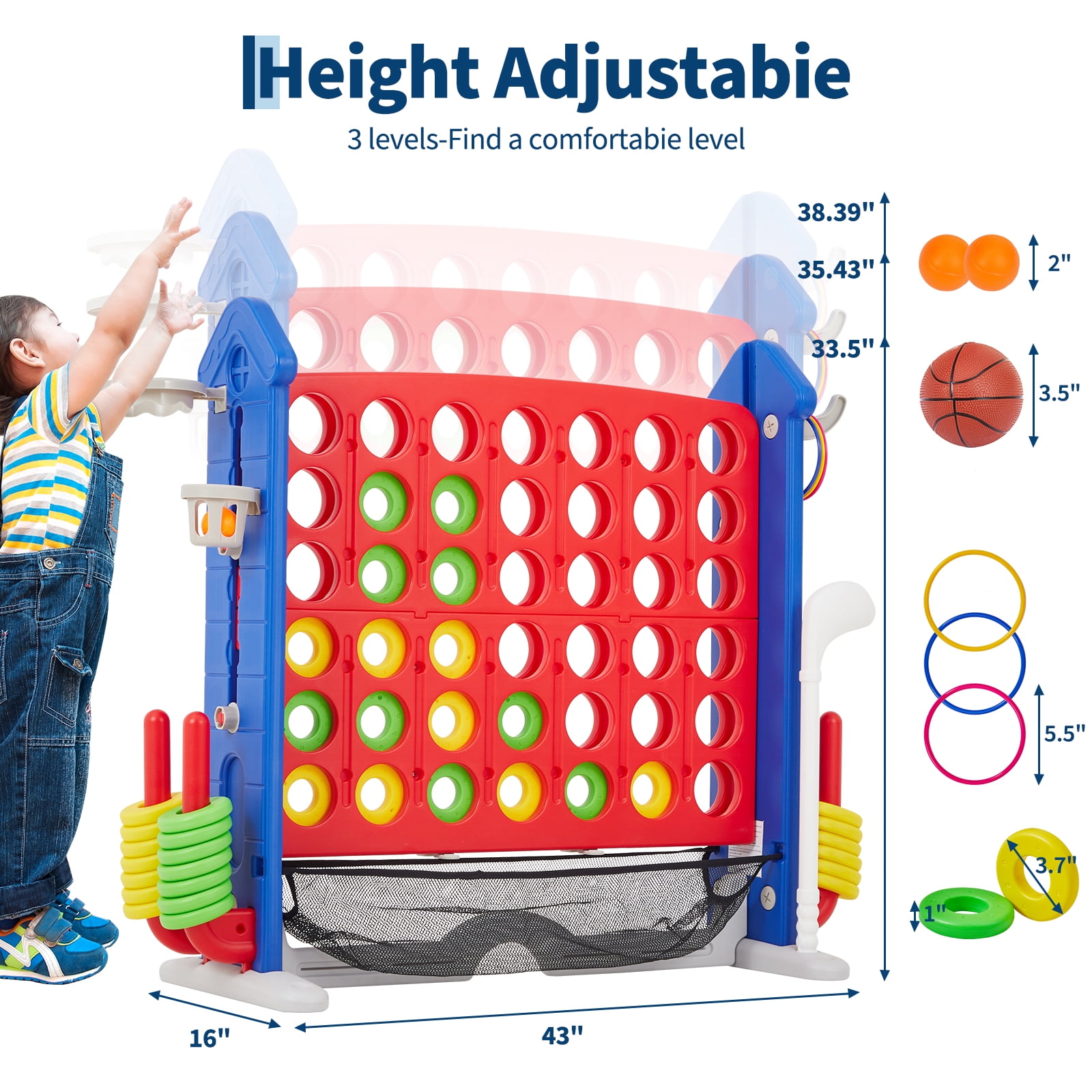 Versatile 4-in-1 Jumbo Floor Board Game Set – Adjustable 3-Level Height, Includes Four in a Row, Golf, Basketball & Ring Toss – Durable HDPE, Indoor/Outdoor Family Fun, Easy Carry Bag