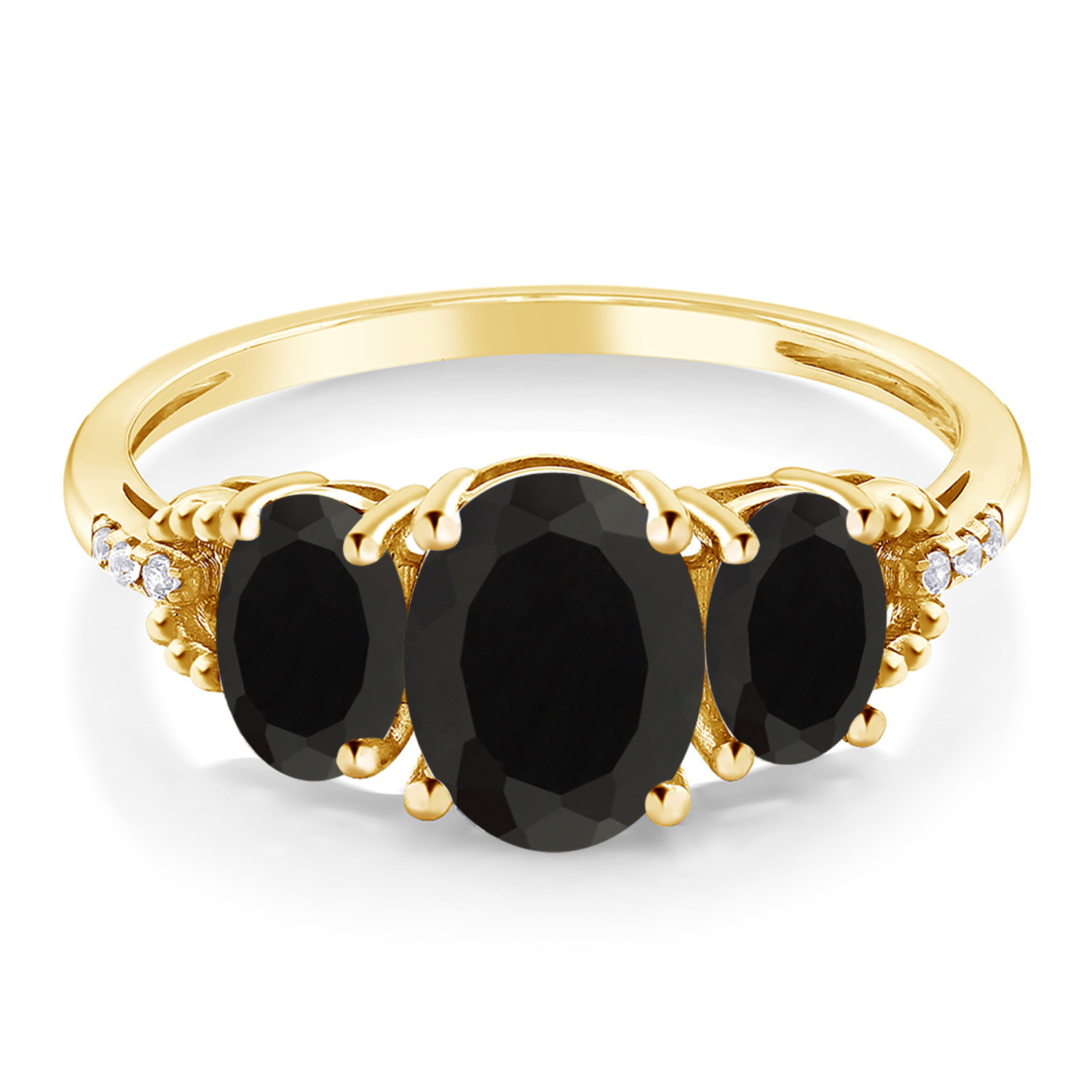 Gem Stone King 10K Yellow Gold Black Onyx and Diamond 3-Stone Engagement Ring | 2.44 Cttw | Gemstone Birthstone | 3 Stone Wedding Engagement Anniversary Promise Ring for Women (Size 9.5)