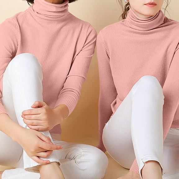 Vivianyo HD Women's Solid Turtleneck Sweater,Lightweight Long Sleeve Slim Fit Casual Knit TopPink,Size S-XXL