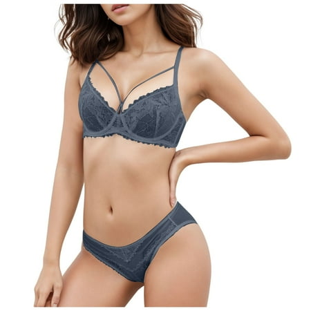 YHGFVOKJ Lingerie for Women Sexy Solid Color Comfort Strappy Underwear Lingerie Sets Big Chest Small Thin Lace Bra Bra Set Blue 75D