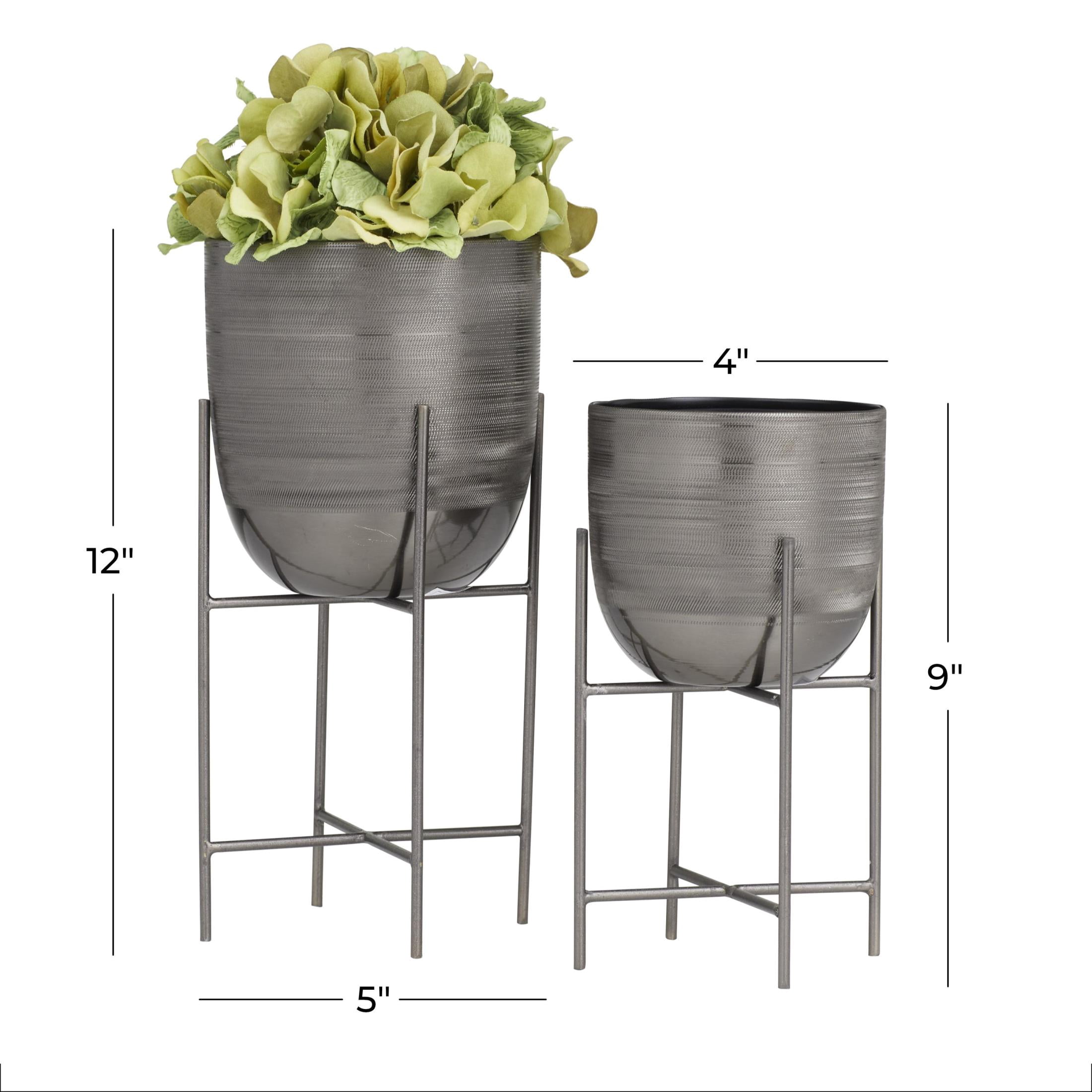 DecMode 12", 9"H Small Brushed Dome Gray Metal Planter with Removable Stand (2 Count)