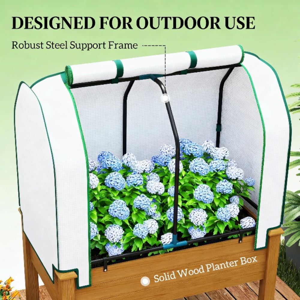 Raised Garden Bed with PE Cover, Fir Wood & Steel Frame, Roll-Up Ventilated Cover, Non-Woven Fabric, 4 Drainage Holes, 88 Lbs Capacity for Outdoor Plants Vegetables Flowers