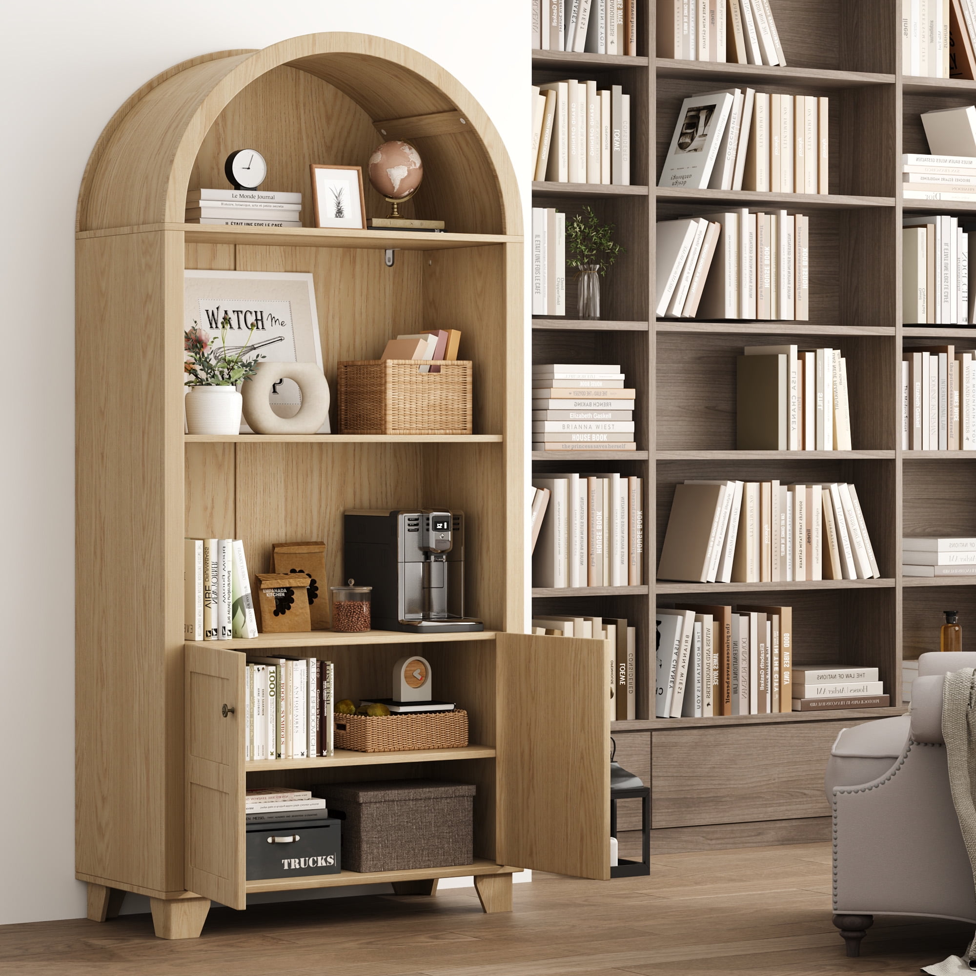 70'' Tall Arched Cabinet, Arched Kitchen Pantry Cabinet with 2 Doors and 5shelves, Open Storage Cabinets Display Bookcase, Versatile Cupboard for Living Room(Wood color)