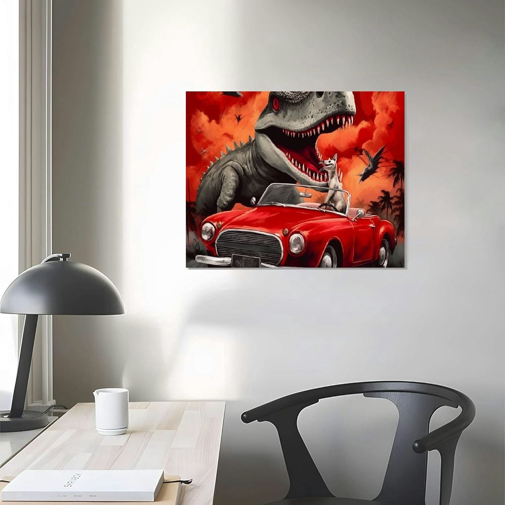 JRXY  Dinosaur Decor Funny Paintings For Boys Kids Room Wall Decorations Funny T-rex Driving Red Car Painting Pictures Canvas Prints 20x16in