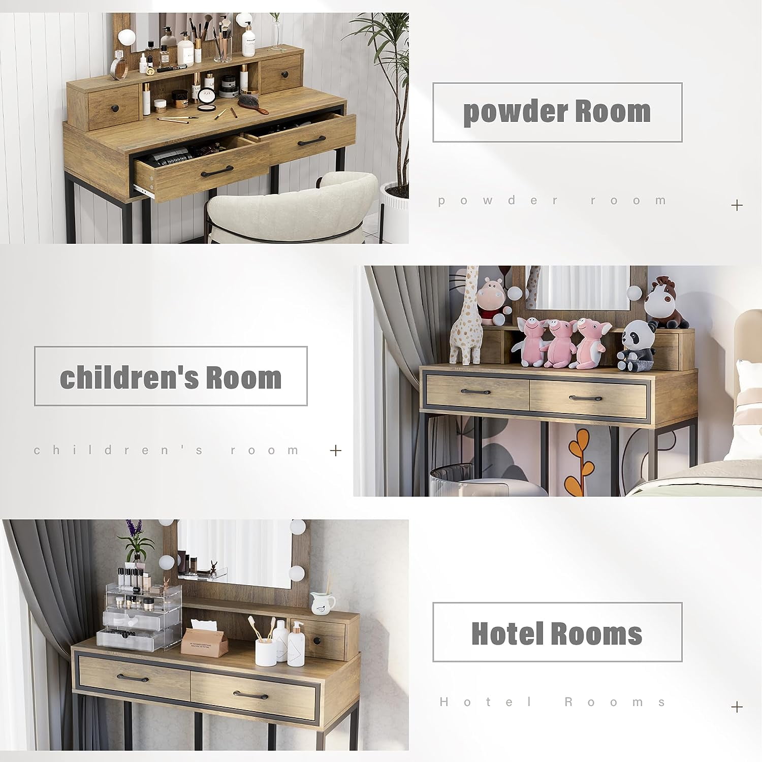 May in Color Makeup Vanity Table with 3 Color Dimmable Lighted Hollywood Mirror, Makeup Vanity with 4 Drawers , Brown