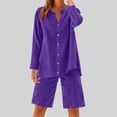 thumbnail image 2 of UAMVSH Women Button down Two Piece Sets Plus Size Cotton Linen Long Sleeve Shirts and Drawstring Bermuda Shorts Beach Outfits(Large,Purple 1), 2 of 7