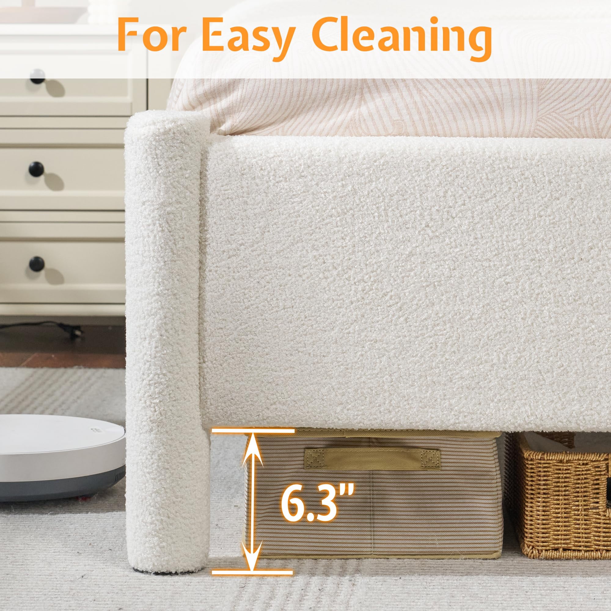 Merluxy Queen Size Bed Frame, Boucle Upholstered Bed Frame with Charging Station, Platform Bed with Soft Rounded Corners, Easy Assembly, White