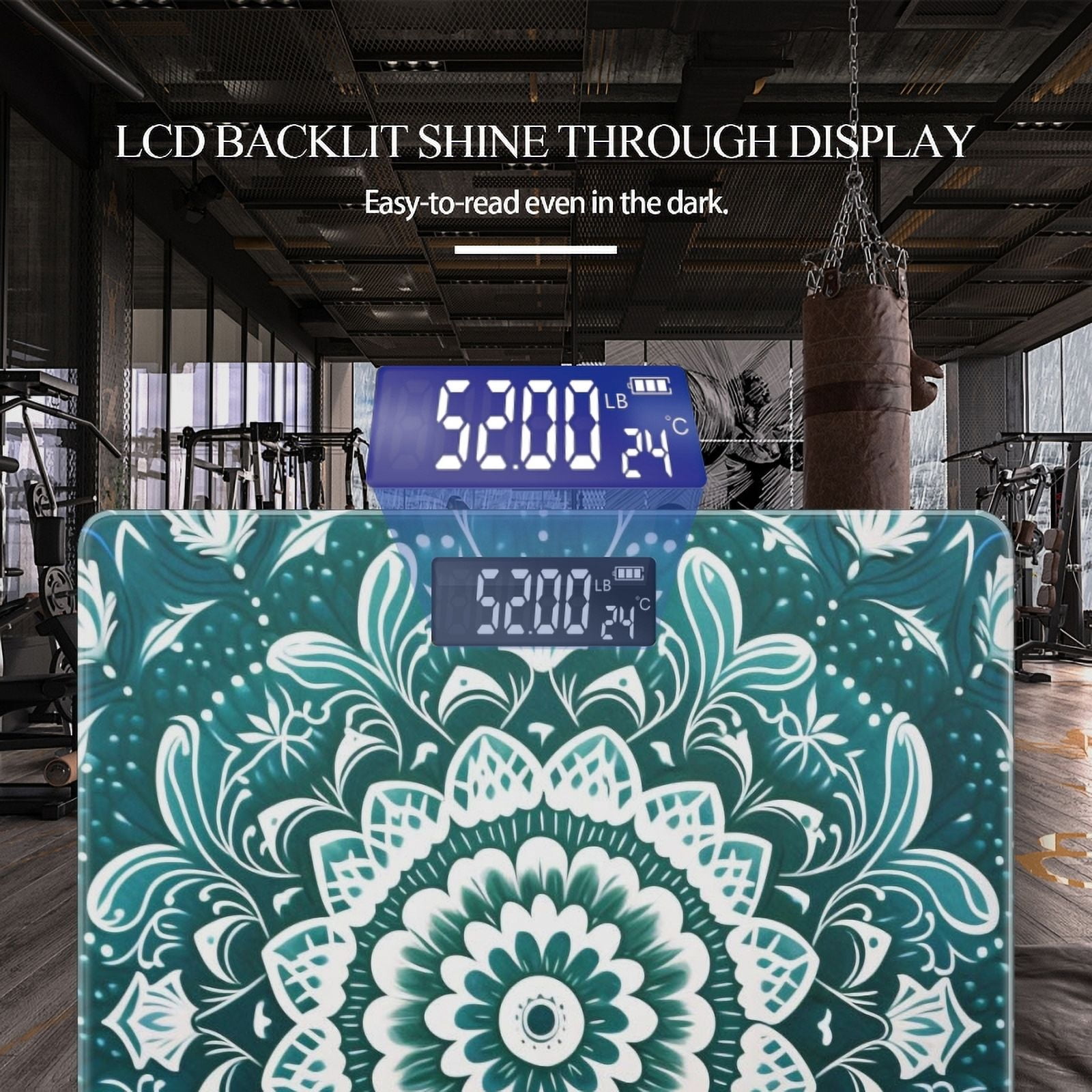 High Precision Body Weight Scale Smart Bathroom Scales with Large LCD Display(400lbs),Decorative for Bedroom-White Mandala Pattern On Dark Teal Background