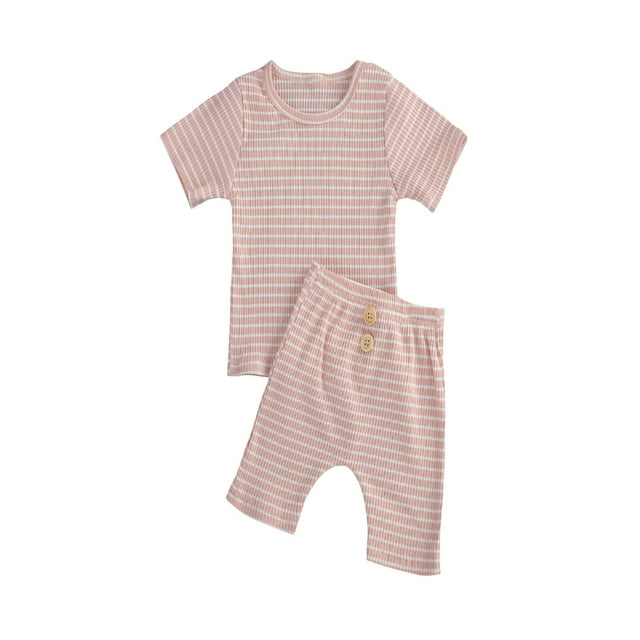 xiaxaixu Bébé Filles Ensemble Rayé Manches Courtes Classique Pantalon de Bouton de Longueur Ensemble