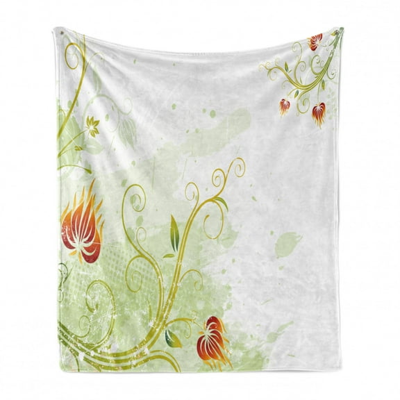 Floral Soft Flannel Fleece Throw Blanket, Swirled Petals Lines on Grunge Background Retro Scroll Botany, Cozy Plush for Indoor and Outdoor Use, 70" x 90", Green Green, by Ambesonne