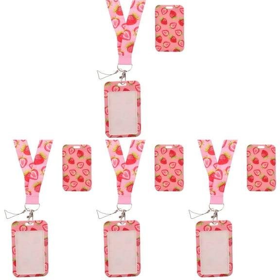 4 PCS Strawberry Lanyard Holder Cute Certificate Cardholder Bus Student