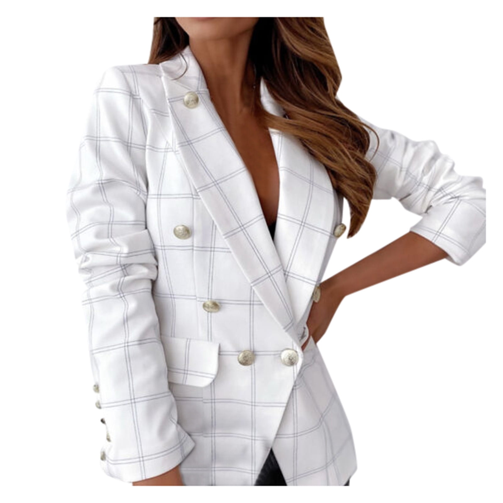 Scyoekwg Plaid Blazers for Women Long Sleeved Plaid Jacket Metal Button ...