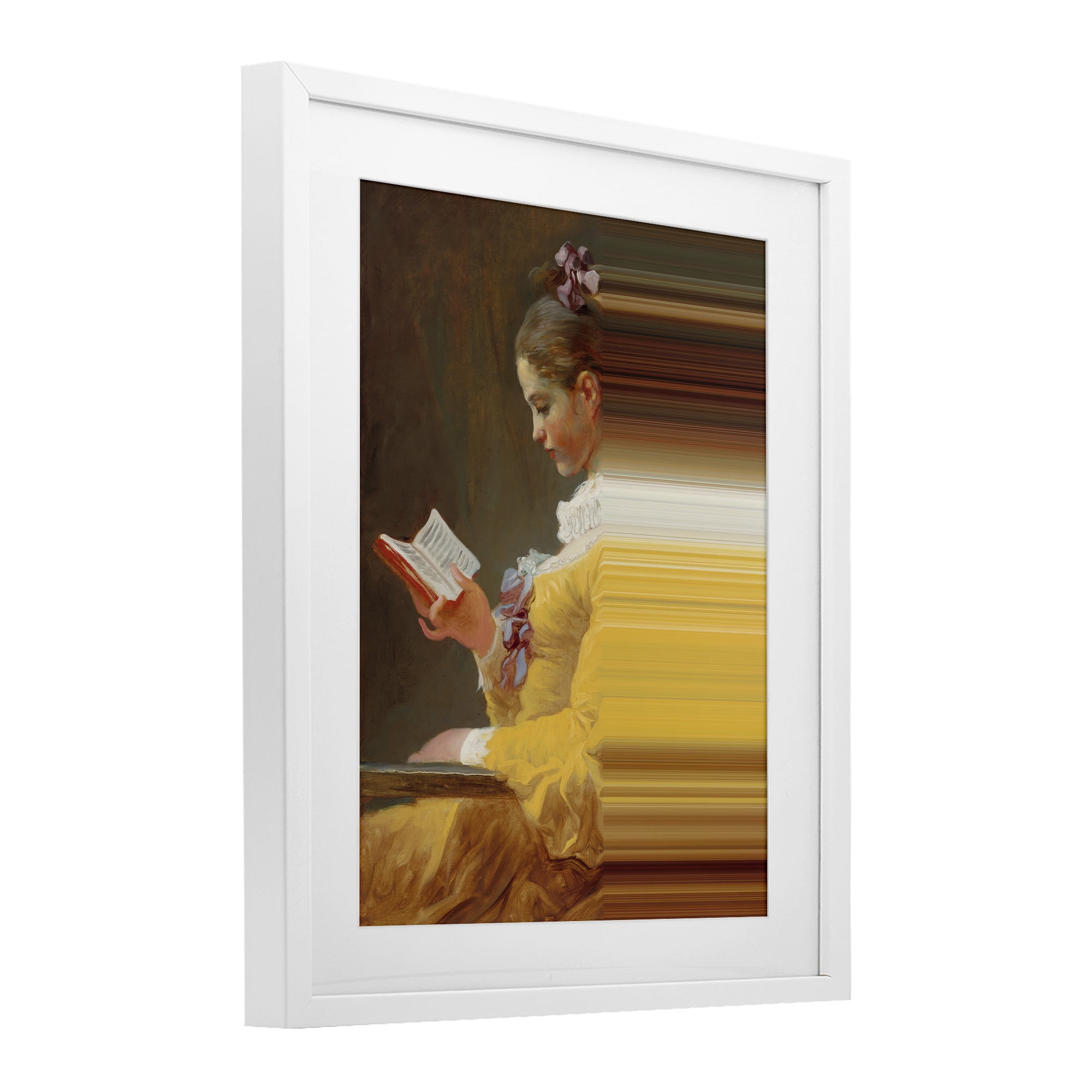 Vintage Lady Reading with Gradient Streaks White Framed Print Under Glass, design by Seven Trees Design