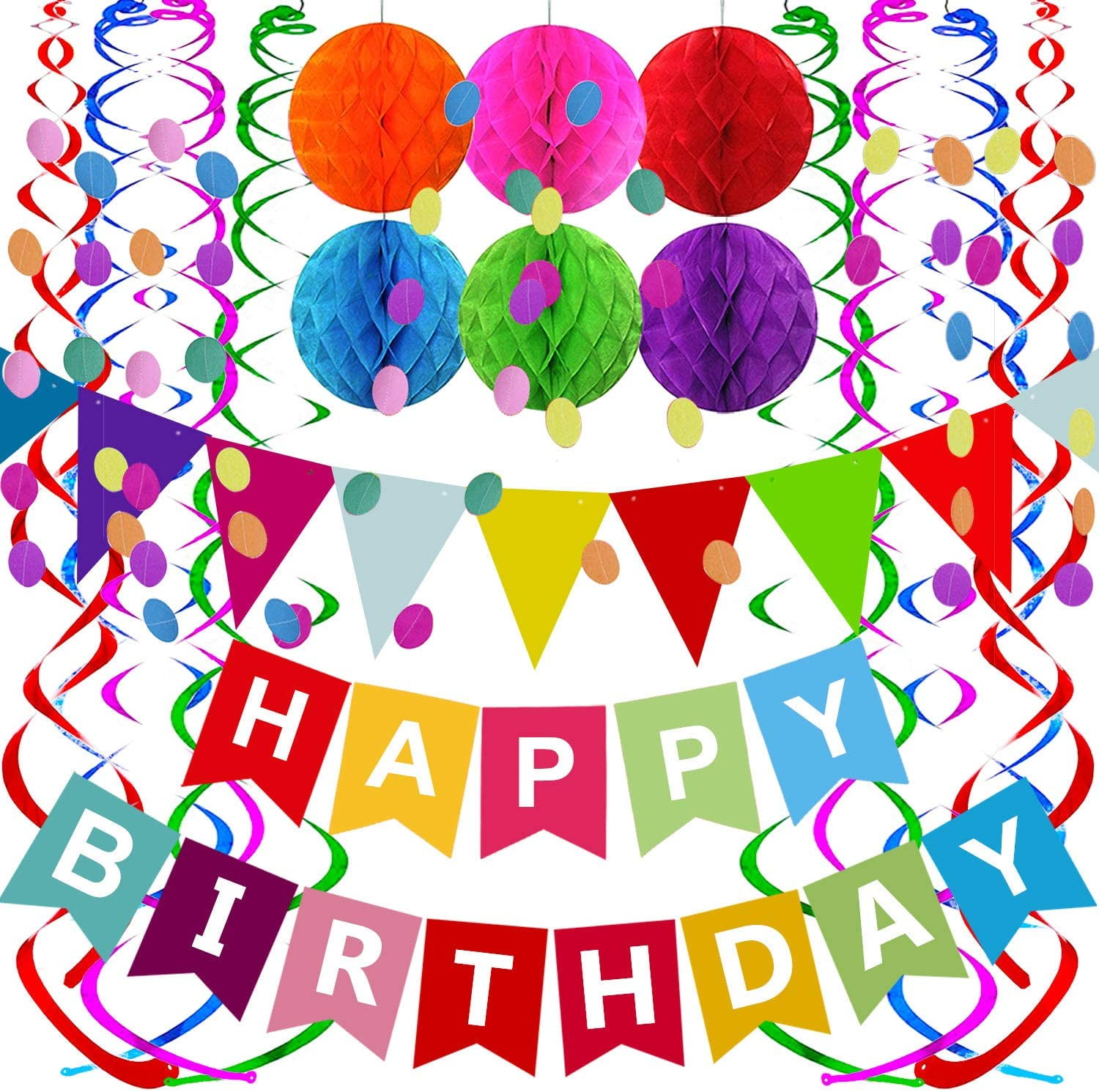 Happy Birthday Banner Decoration Rainbow Colorful Paper Flag Bunting Paper for Boys Girls, Garland Swirl Streamers Honeycomb Ball