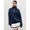 thumbnail image 4 of Women'S Half Zip Loose Sweatshirt Long Sleeve Solid Color Drop Shoulder Sports Pullover Dark Blue L, 4 of 8