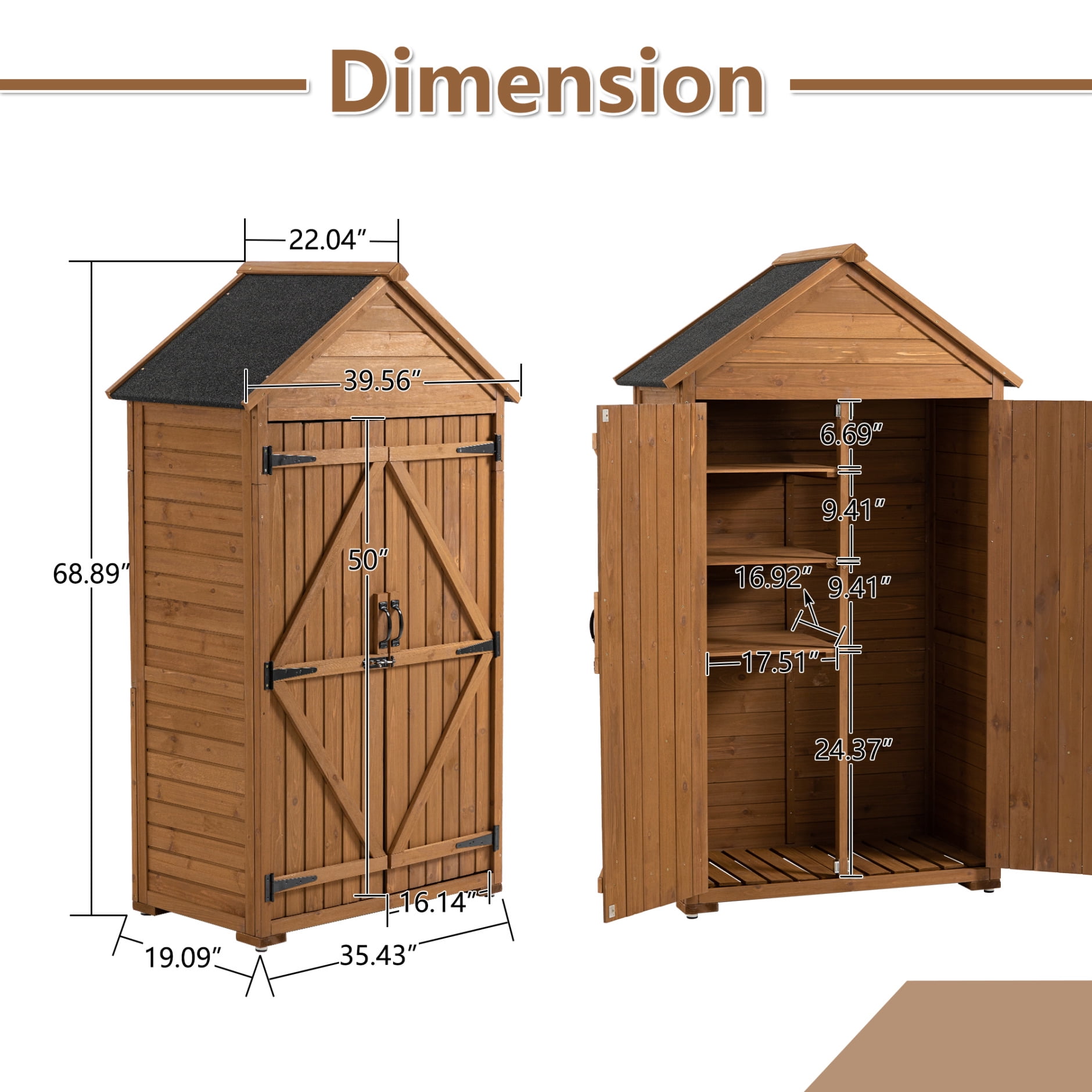 Durable Outdoor Storage Cabinet & Garden Tool Shed with Waterproof Roof, 6 Adjustable Stainless Steel Feet & Fir Wood Shelves for Large Tools, 39.56x22.04x68.89 Inches - Compact Patio/Garage Storage
