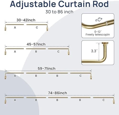 Blackout Curtain rod for windows 48 to 84, Wrap Around Curtain Rods for Bedroom, Living Room, Adjustable from 30 to 86 Inches, Gold