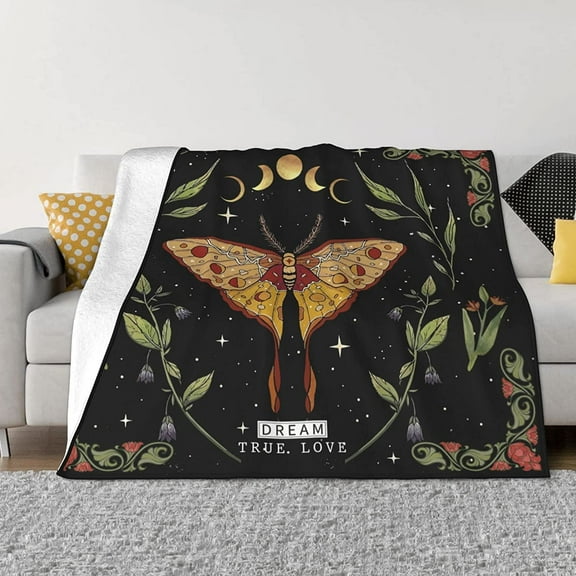 Gothic Moth Flannel Blanket Home Decor Sun Moon Star and Florals Witchy Throw Blanket Aesthetic Soft Warm Lightweight for Bed Sofa Couch Travel Gift 50"x40"