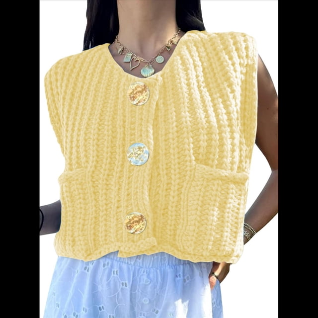 Cárdigan Corto de Punto Sin Mangas para Mujer 2025, Suéter Informal de Crochet con Botones y Bolsillos Amarillo S