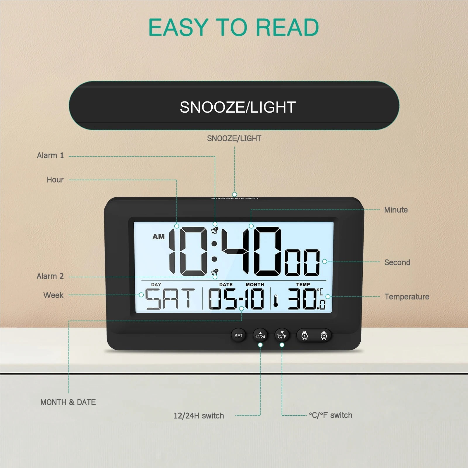 CHUNYAN Digital Alarm Clock LCD Display Travel Alarm Clock Small Digital Clock With Calendar Temperature Battery Operated Clocks