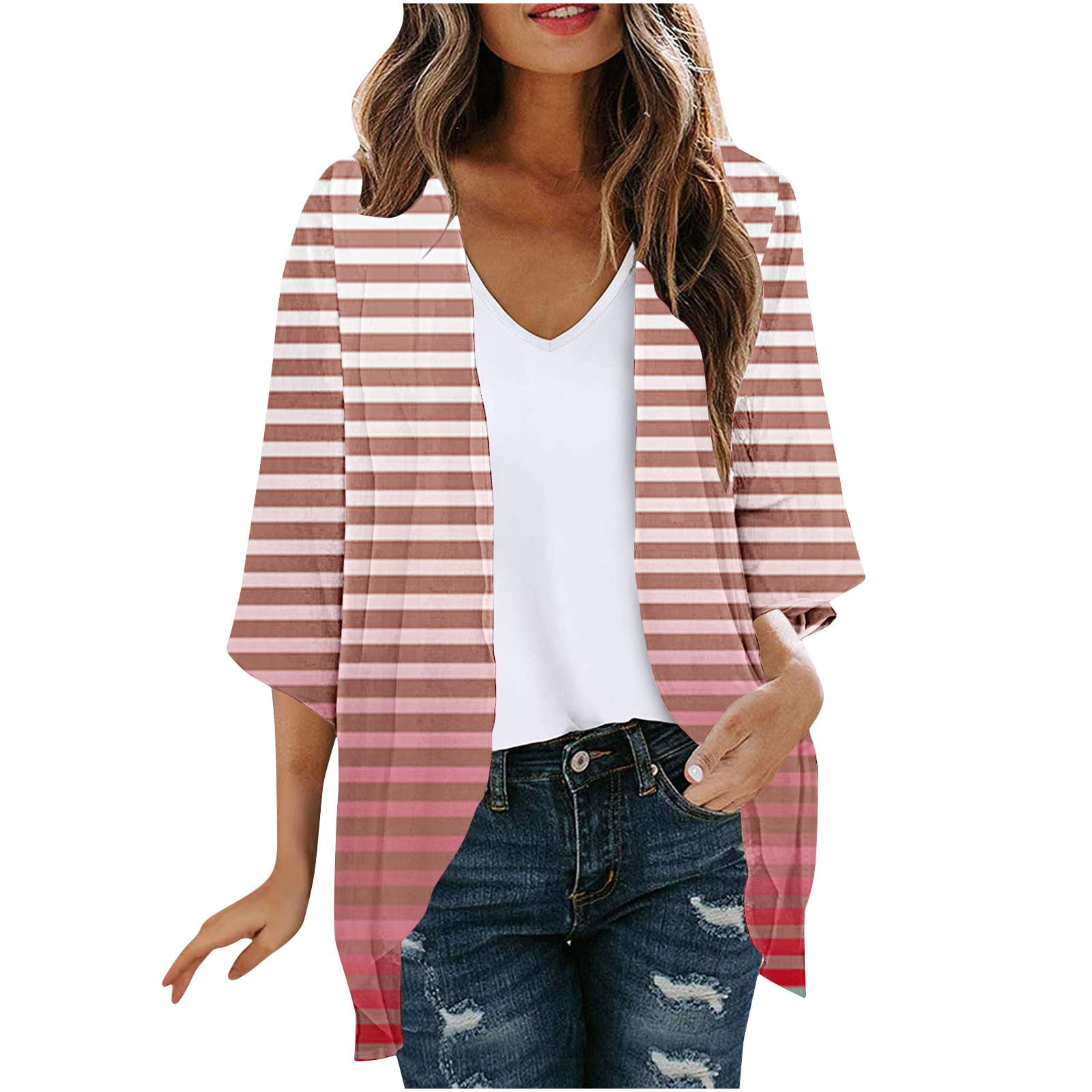 AherBiu Womens Cardigans Lightweight 3/4 Sleeve Striped Open Front