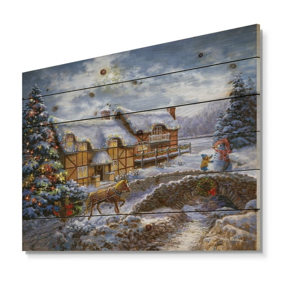 Designart 'Christmas Tree with horse and open sleigh in winter landscape' Print on Natural Pine Wood