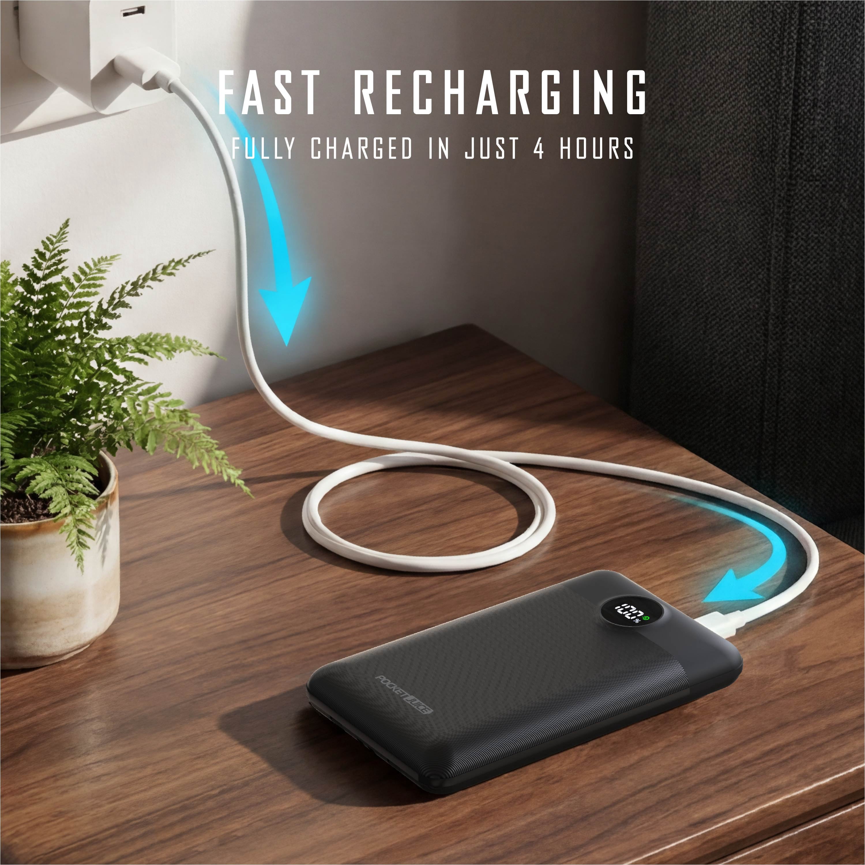 Pocket Juice Force 10,000mAh Portable Charger Power Bank – Slim Portable Phone Charger with Built-in USB-C & Lightning Cables