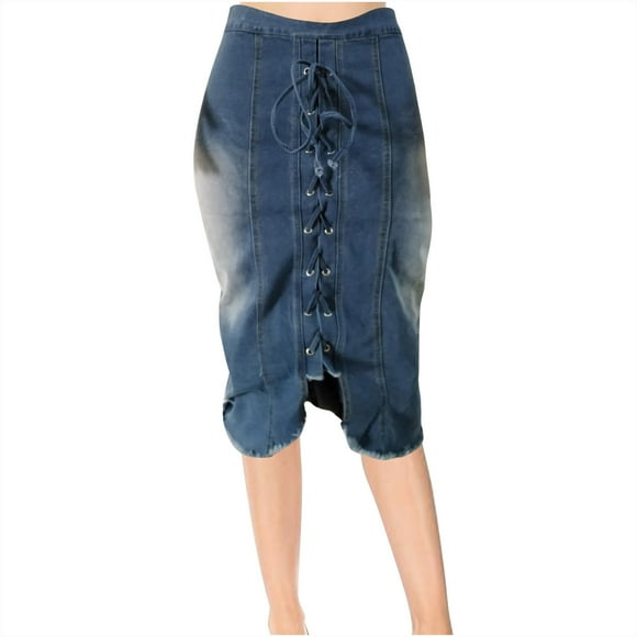 GigrtiJin Womens Fashion Denim Skirts Lace up Split Midi Length Jean Half Skirt Casual High Waist Washed Midi Skirts