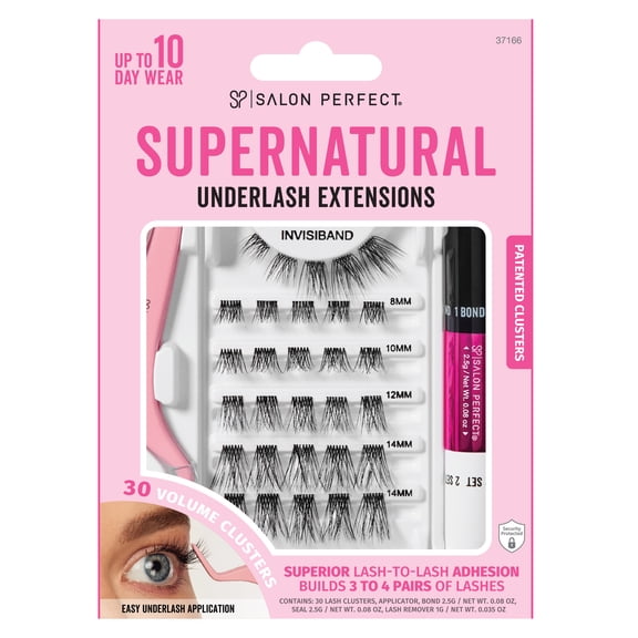 Salon Perfect Supernatural False Underlash Extensions Starter Kit, Fake Eyelashes, Contains 30 Lash Clusters, Applicator, Bond & Seal, and Lash Remover