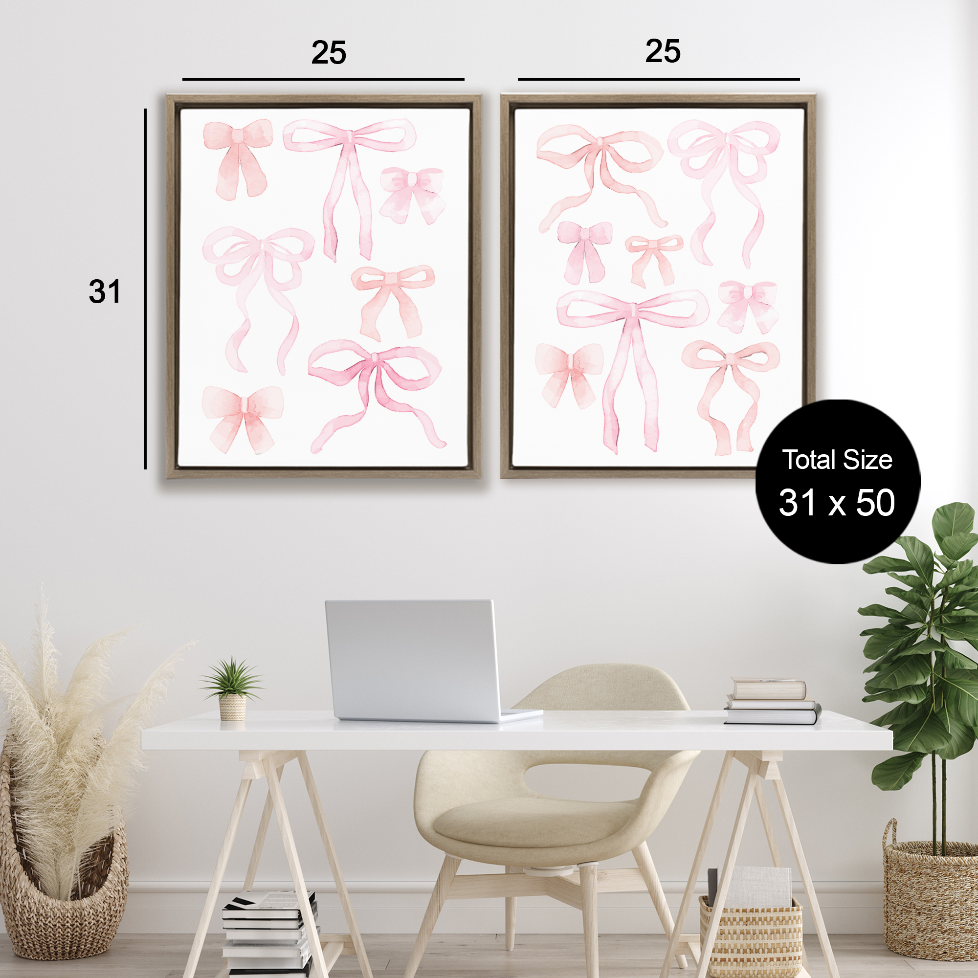 Elegant & Soft Bows 2 Piece Brown Framed Floater Canvas Set, design by Kim Allen