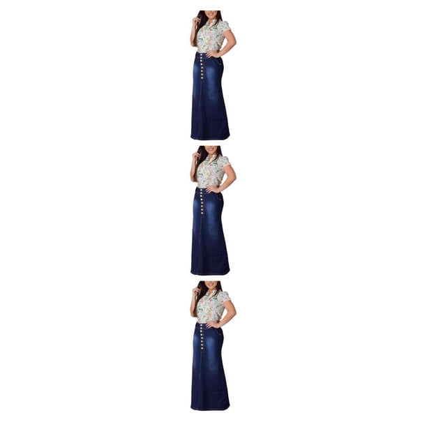 Qarigey vaquera larga adelgazante para mujer - Ajuste cómodo Botón favorecedor Denim larga de mezclilla Faldas para mujer azul oscuro 3XL 1 Type1 NO1