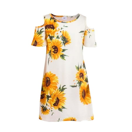 

Fesfesfes Spring Dress Round Neck Off The Shoulder Loose Large Size Sunflower Mother And Daughter Dress Parent-child Dress