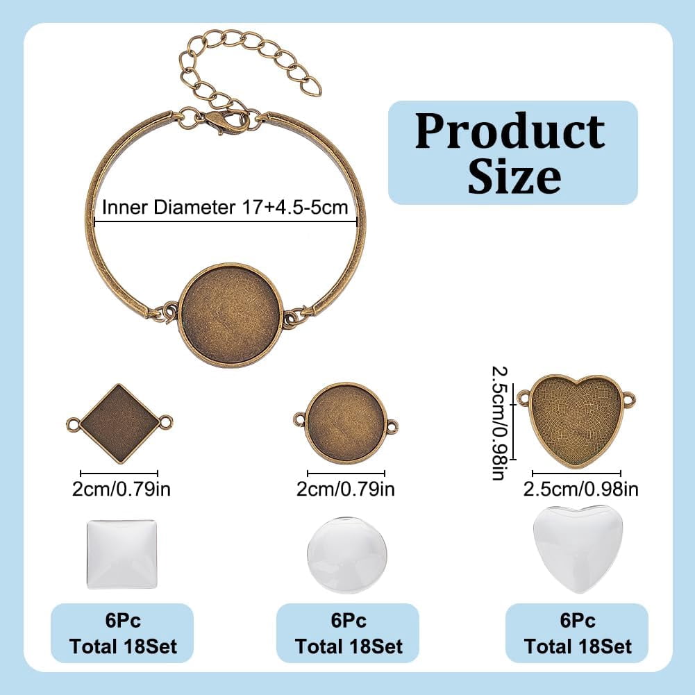 18 Sets 6 Styles Adjustable Bracelet Bezel Settings Kit Heart Square Half Round Alloy Blank Tray Bracelet with Glass Cabochons DIY Photo Bracelet for Slide Bracelet Jewelry Making