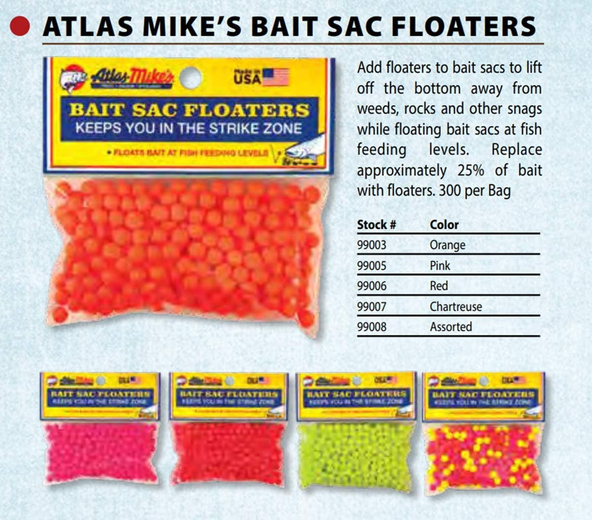 Atlas - Mike's Bait Sac Floaters, CHARTREUSE Multi-Colored 