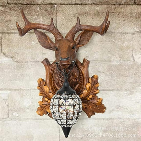 E27 Retro Antlers Wall Lamp Resin Material Wrought Iron Wall Light Crystal Lampshade Illumination Lamps Bar Cafe Corridor Lights