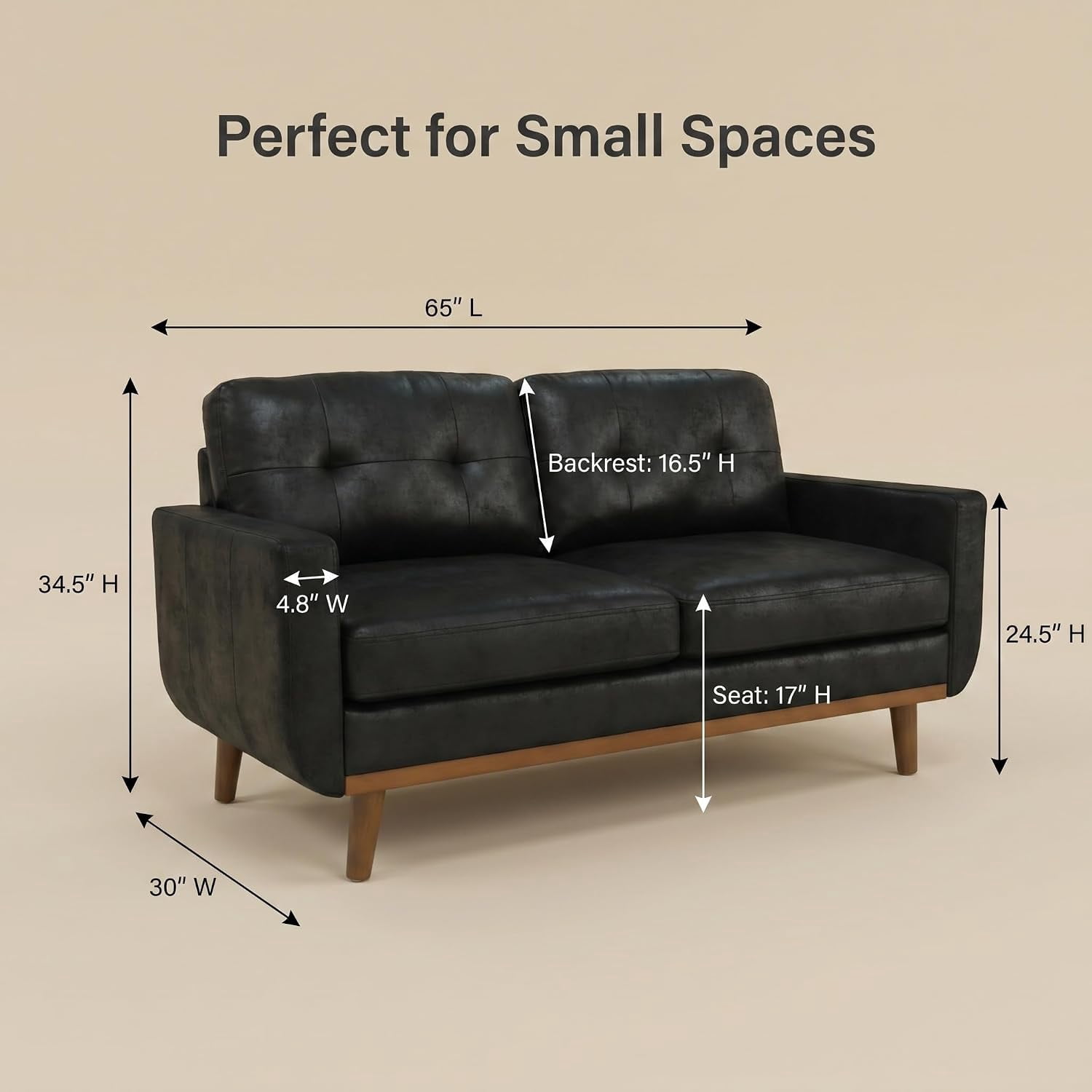 MOONMISS 65" Loveseat Couch, Modern Small Sofa With Walnut Wood Legs 2-seater Fabric Upholstered Mini Sofa Couches For Small Space,living Room Bedroom Office Dorm Apartment,Black