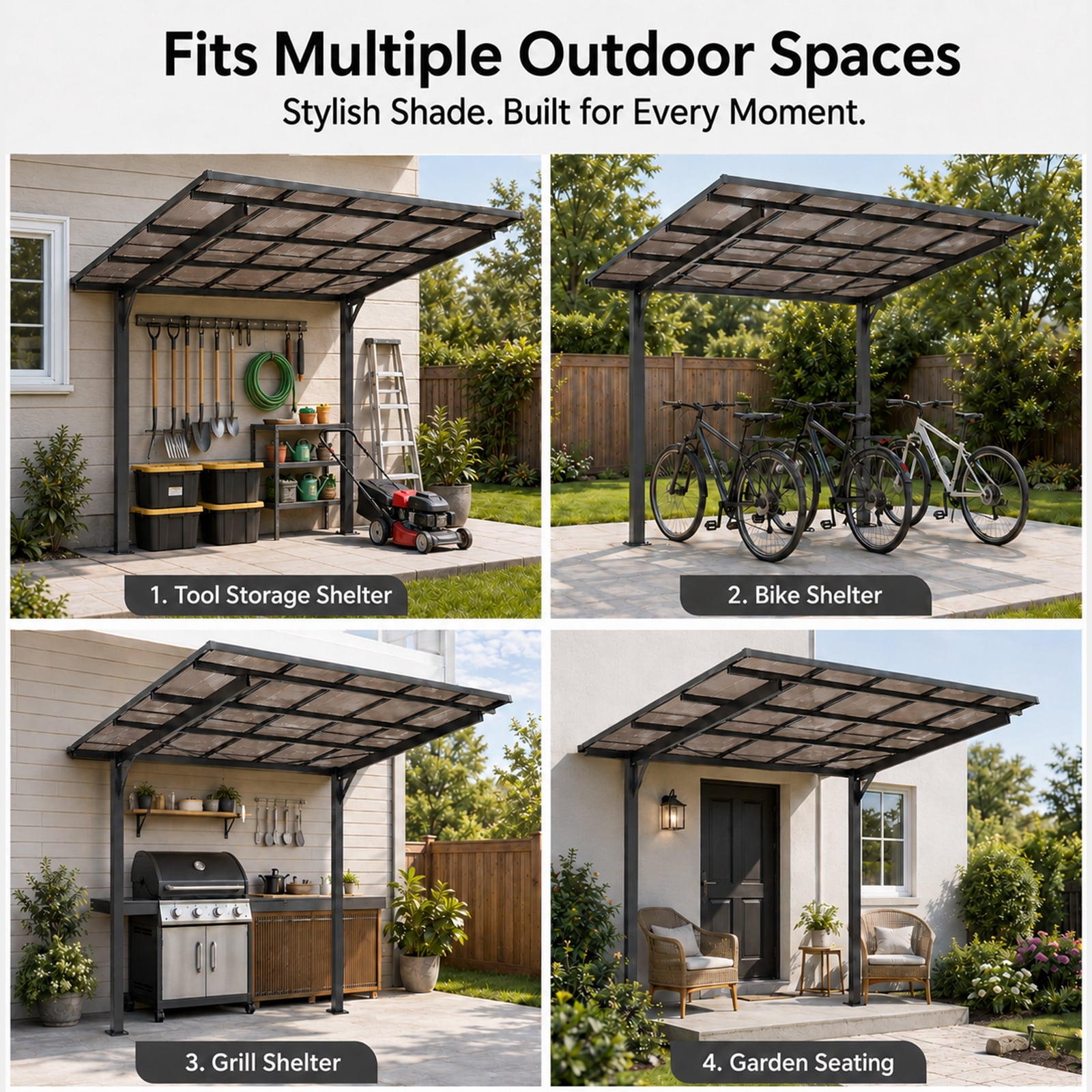 Heavy-Duty 8x8-Foot Outdoor Carport with Galvanized Steel Frame and Sloped PC Roof, Bike and BBQ Storage Shelter for Patio Backyard, Black