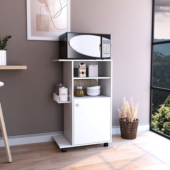 23.60 - inch Wide Kitchen Cart with One - Door Cabinet Four Wheels and Side Shelf for Kitchen Microwave